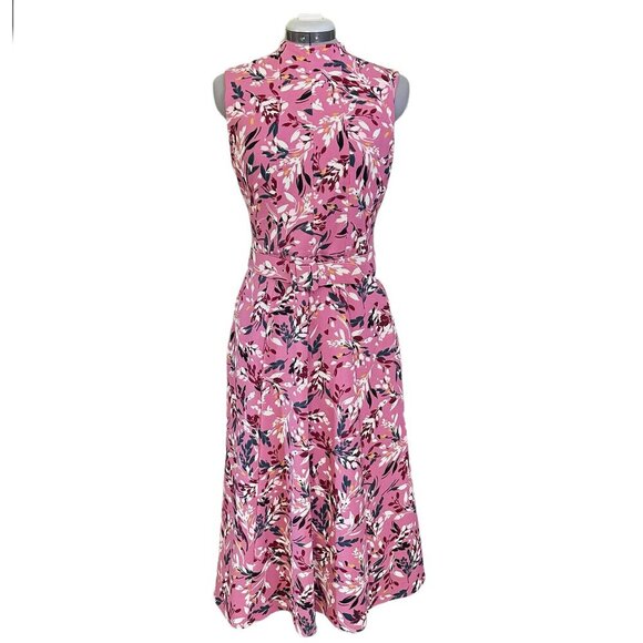 NWT Maggy‎ London Pink Floral Belted Dress Sleeveless 4 A-Line Midi - Picture 1 of 8